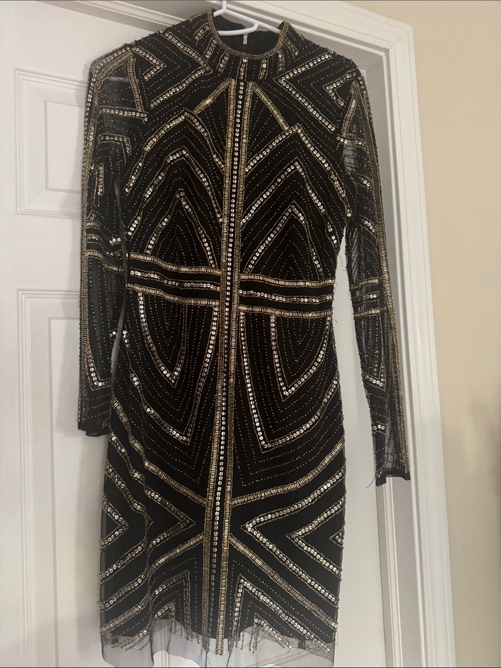 Gianni Bini Black and Gold Beaded Long Sleeve Cocktail Dress
